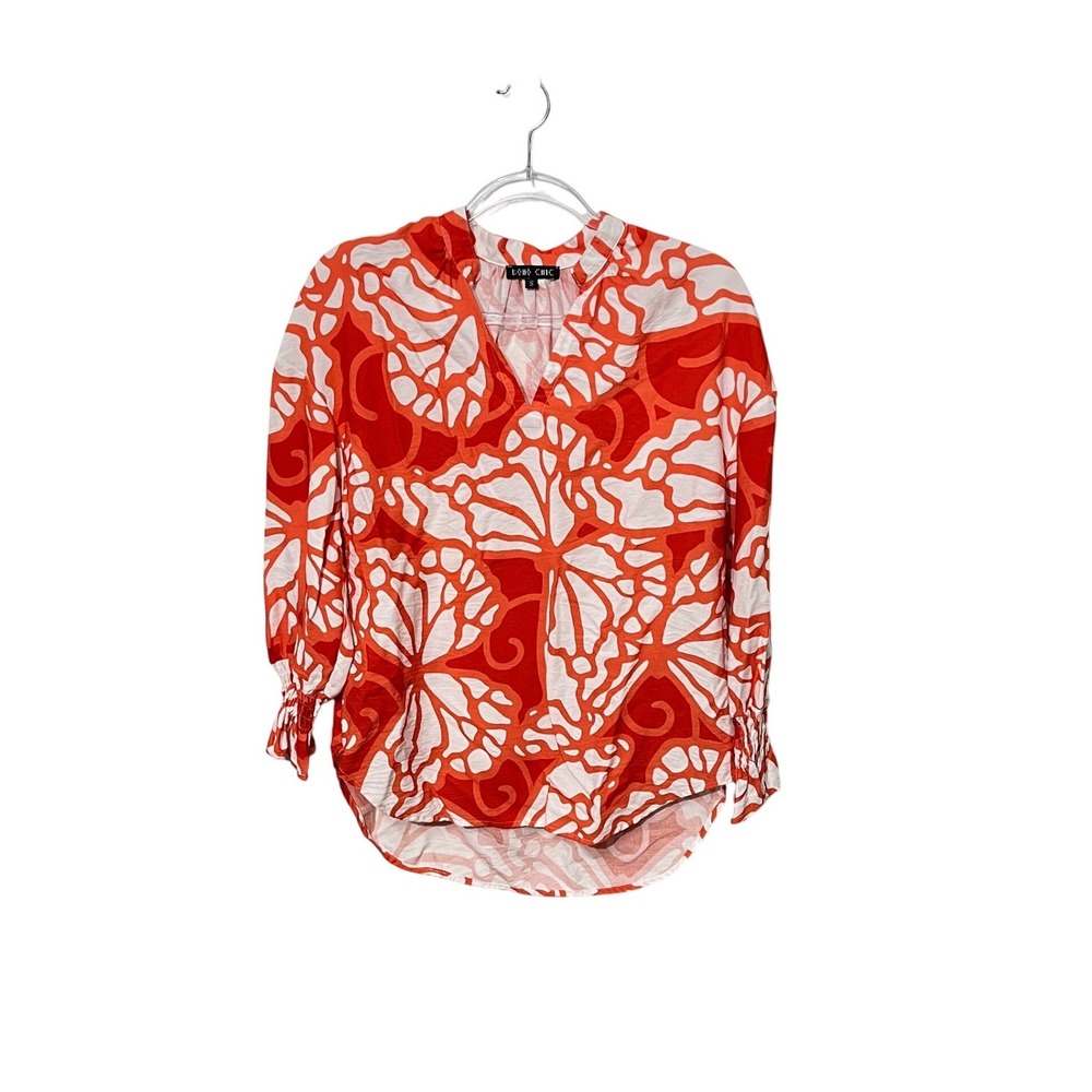 Boho Chic Blouse Womens Small Orange Abstract Print Smocked Cuff V-Neck Top